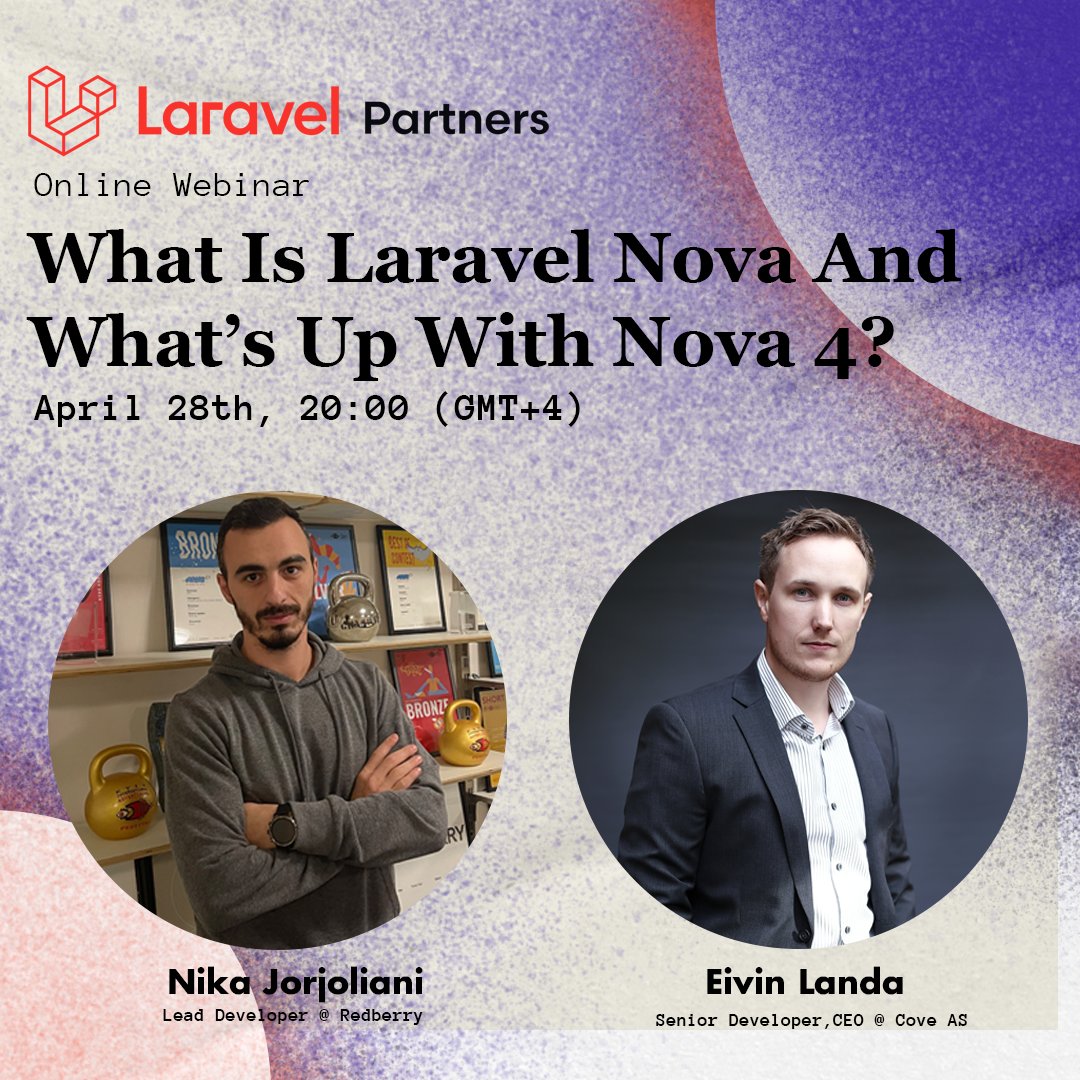 Join our lead developer, <a href="/NikaJorjoliani/">Nika Jorjoliani</a>, and our dear client and CEO at Cove AS, <a href="/forsvunnet/">Eivin Landa</a>, on an online webinar about what Laravel Nova is and what Nova 4 offers💥 

👉 Fill out a short form to get Zoom details for the webinar 🚀 bit.ly/3JYBklz

#laraveldevelopment