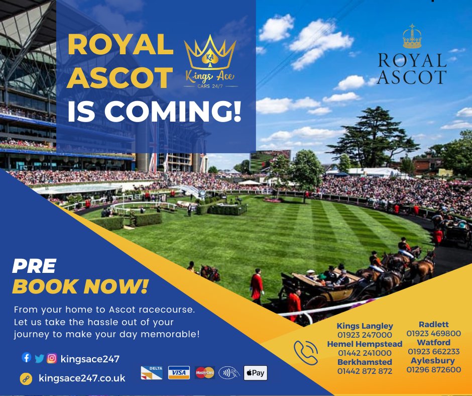 Royal Ascot is coming!
Let us take the hassle out of your journey to make your day memorable!
Download app or Book online: onelink.to/kingsacecars
☎️ 𝗕𝗲𝗿𝗸𝗵𝗮𝗺𝘀𝘁𝗲𝗱 – 𝟬𝟭𝟰𝟰𝟮 𝟴𝟳𝟰𝟳𝟬𝟬
☎️ 𝗞𝗶𝗻𝗴𝘀 𝗟𝗮𝗻𝗴𝗹𝗲𝘆 – 𝟬𝟭𝟵𝟮𝟯 𝟮𝟰𝟳𝟬𝟬𝟬