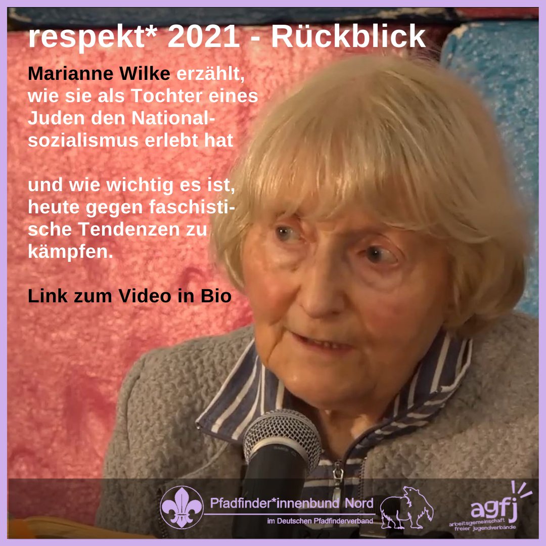 agfjhamburg's tweet photo. #respekt*2021: #Zeitzeugin Marianne Wilke erzählt, wie sie als Tochter eines Juden den Nationalsozialismus erlebt hat und wie wichtig es ist, heute gegen faschistische Tendenzen zu kämpfen.
https://t.co/xtEnf2rz1G
#keinvergessen #agfj #antidiskriminierung #politischebildung https://t.co/QfHCRlKuJC