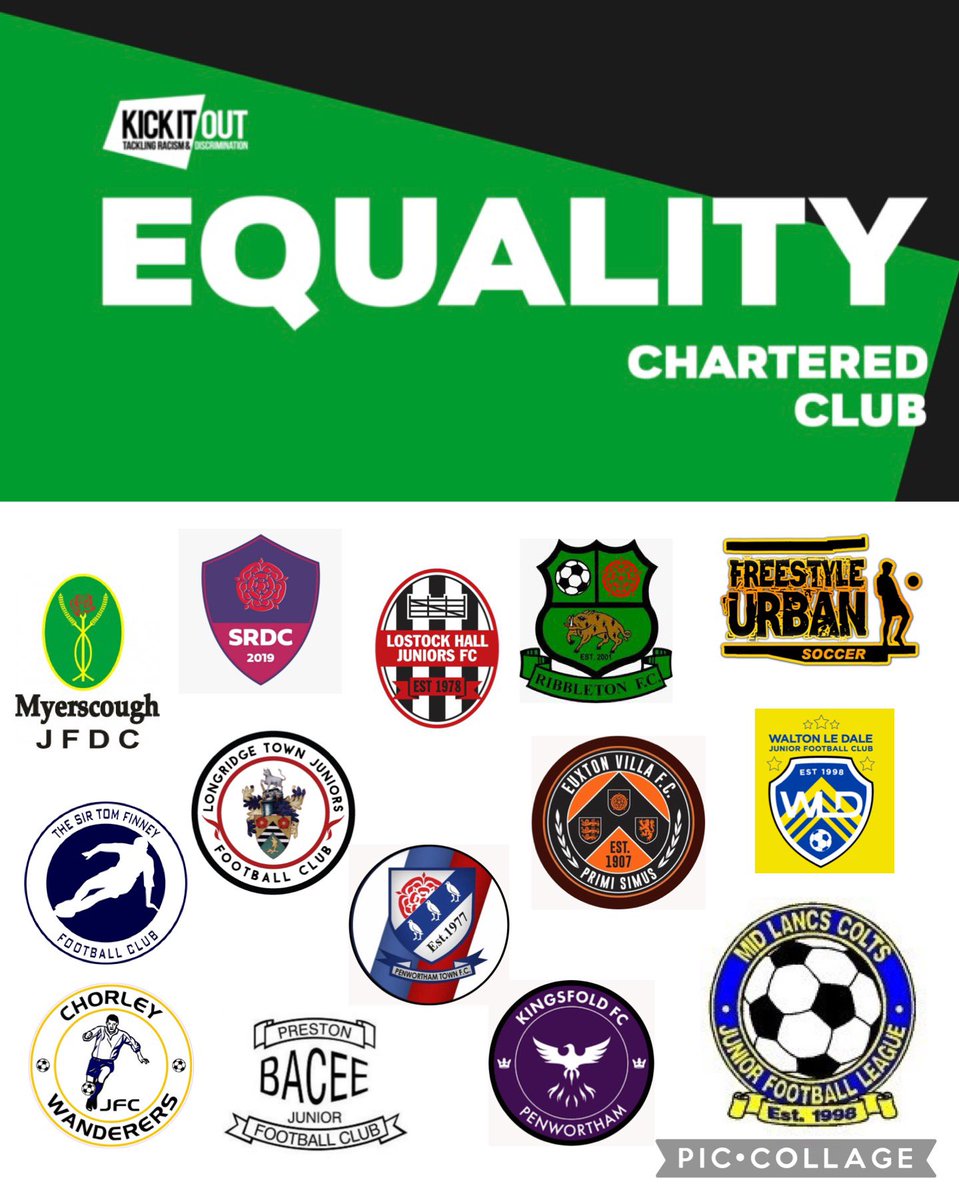 Congrats to the following <a href="/mlcjfl/">Mid Lancs Colts JFL</a> Clubs 

<a href="/LTJFC/">LongridgeTownJnrFC</a> 
<a href="/finney_sirfc/">Sir Tom Finney FC</a> 
<a href="/Lostock_HallJFC/">Lostock Hall Juniors FC ⚽️⚪️⚫️🔴🇬🇧</a> 
<a href="/RibbletonFC/">Ribbleton FC</a>
<a href="/SRDC2019/">South Ribble Development Centre</a>
<a href="/JfdcMyerscough/">Myerscough Junior Football Development Club</a> 
<a href="/FcPenwortham/">Penwortham Town FC</a>
<a href="/EuxtonVillaFC/">EuxtonVillaFC (P)</a> 
<a href="/C_W_J_F_C/">Chorley Wanderers JFC</a> 
<a href="/KingsfoldFC/">Kingsfold FC</a> 
<a href="/Paul_Maloney1/">Paul Maloney</a> 
<a href="/BaceeC/">BAC/EE Preston JFC</a> 
<a href="/wldjfc/">Walton Le Dale JFC</a> 

<a href="/Raj_Randhawa6/">Raj Randhawa</a> @TTHutton_ <a href="/KeeleyTemple/">Keeley Baptista</a> @TonyKickItOut <a href="/kickitout/">Kick It Out</a>