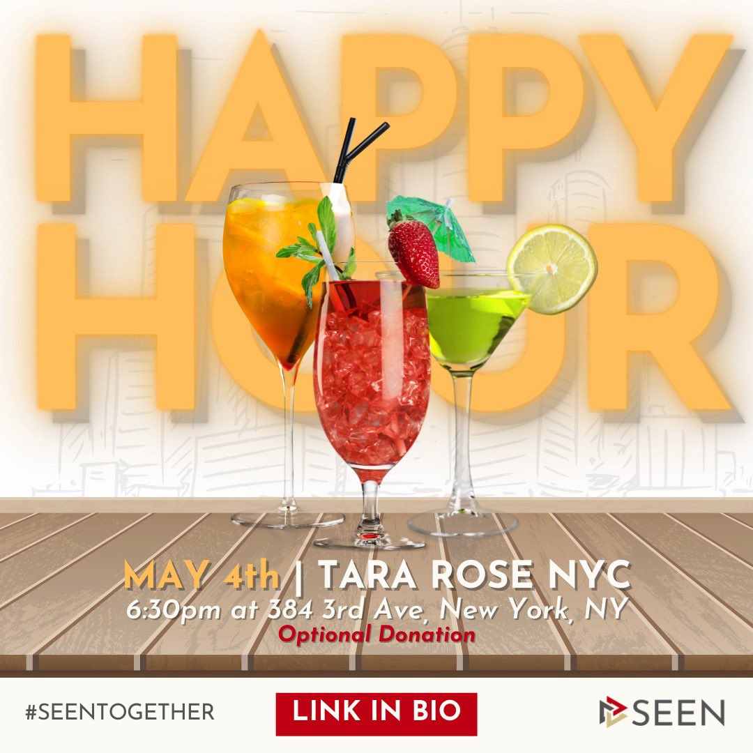 SEEN_community's tweet photo. We heard y’all were asking about the next SEEN event 👀
📍@tararosenyc
🗓 May 4th
⏰ 6:30pm EST
💲Optional Donation
RSVP at Link in Bio + Drop your favorite drink emoji if you plan to join us 🥃🥂🍷
#SEENtogether #community #happyhour #nyc #sportsandentertainment #sportsbiz https://t.co/5bQlYm9lKu