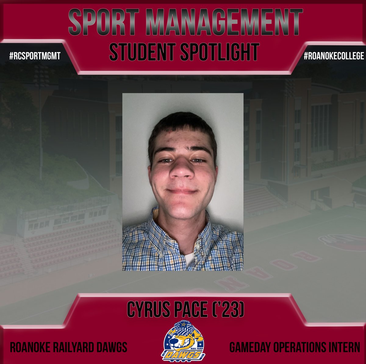 RC_SportMgmt's tweet photo. Congratulations to RC Sport Management major Cyrus Pace on his internship with the Roanoke Railyard Dawgs! #RCSportMgmt #RoanokeCollege https://t.co/JoNbjDk4Rs