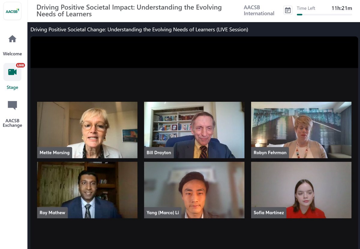 Take 2! <a href="/AACSB/">AACSB</a> and <a href="/PRMESecretariat/">PRME Secretariat</a> join forces and lead conversations on driving positive societal impact. Today looking at learners, knowledge sharing, pedagogies, in other words, how what happens in the classroom can impact the business world <a href="/Mette_Morsing/">Mette Morsing</a>