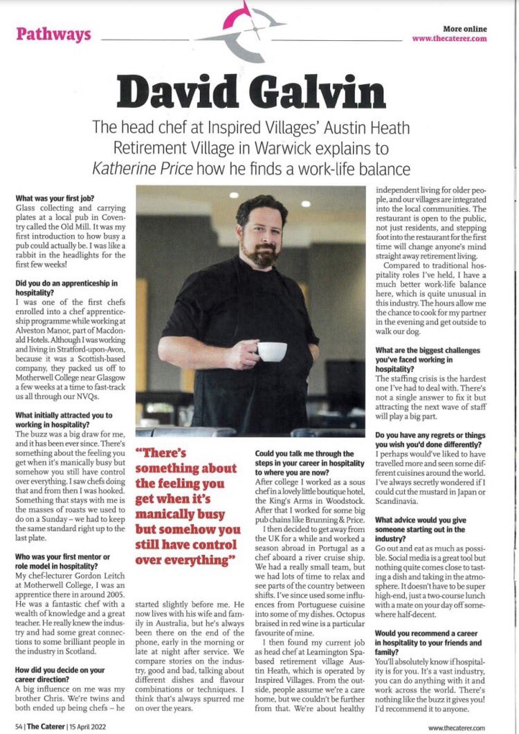 Thrilled to see Austin Heath head chef David Galvin featured in the latest issue of The Caterer, talking about his career and why he enjoys working for Inspired Villages!

If you're a chef looking for a good work/life balance, check out our vacancies  jobs.inspiredvillages.co.uk/jobs/