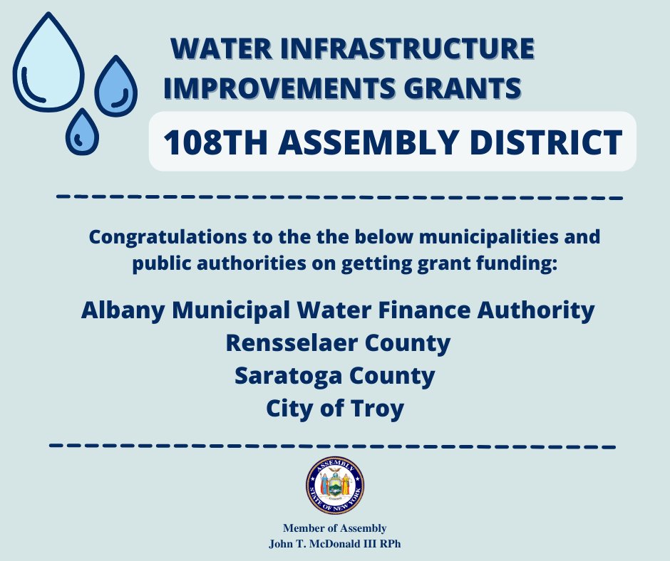 johnmcdonald108's tweet photo. Great to see these municipalities and public authorities within the 108th Assembly District receive grant funding for water infrastructure projects that protect public health or improve water quality.

Check out the full list of awards here: https://t.co/5dd1WFAHt9 https://t.co/FXJGEYhzb1