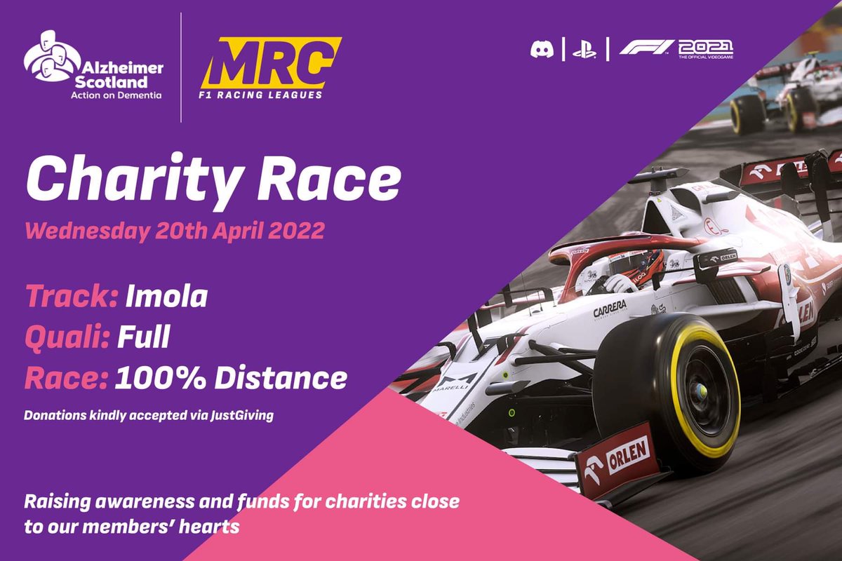Tonight's charity race for alzheimers would be great if anyone can come along and watch show some support 
Stream will go live on YouTube around 7:15pm UK time 
<a href="/AlzResearchUK/">Alzheimer's Research UK</a>
#mrc
#f12021
#mondayraceclub
#alzheimersscotland
#esports
#imola
#playstation
#leagueracing