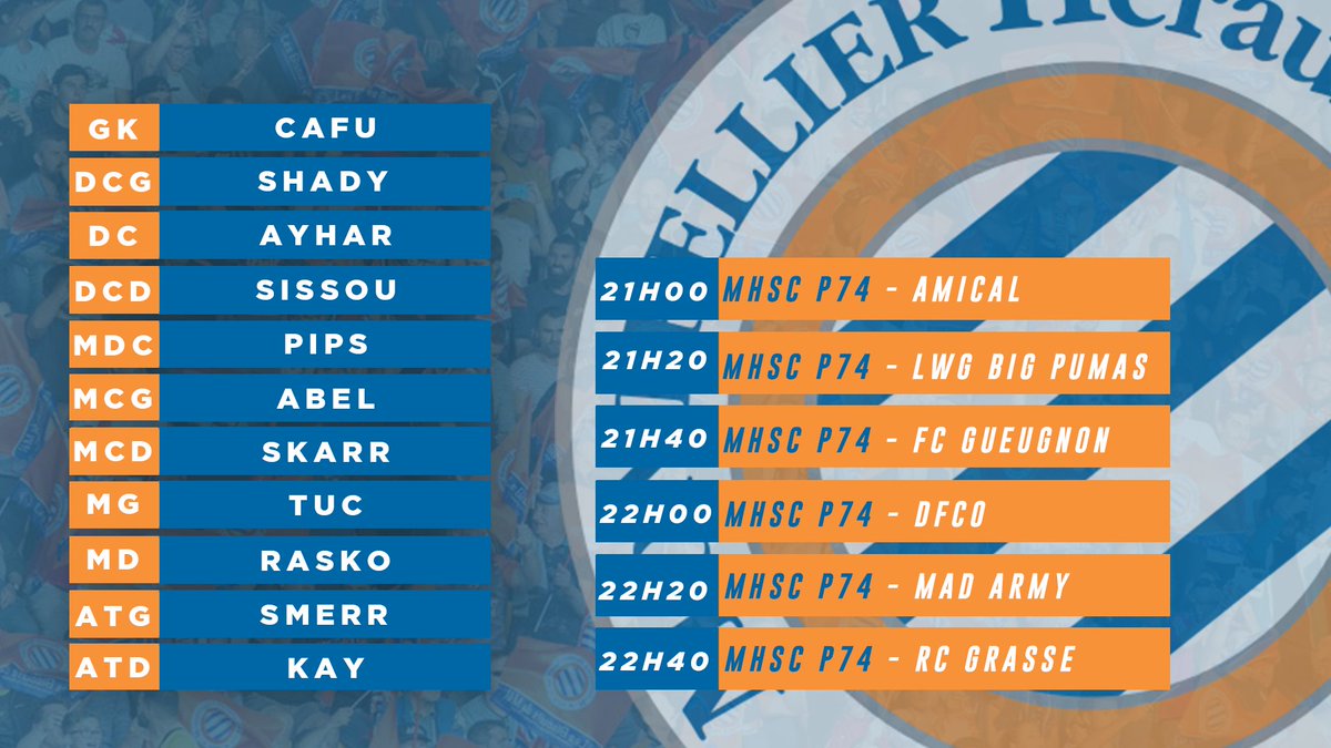 ⭕️Ce soir 

Grosse soirée à venir pour notre équipe P74🔵
Avec un 1/4 de finale de coupe 🏆 face à nos amis de <a href="/BiGsPUMAS/">BiGs PUMAS</a> en @EfifaOnline 
Puis <a href="/VPGFrance_/">VPG France</a> Ligue 1 ! 
Allez MHSC 🔵⚪️🟠!!! pic.x.com/Hyv5I5s3fJ