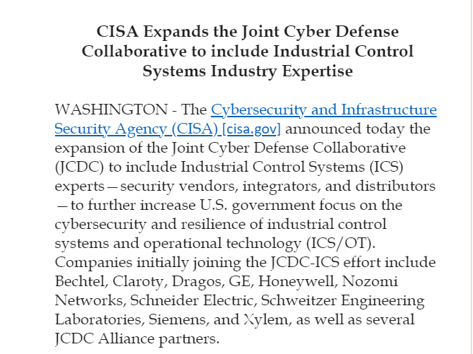 Joseph_Marks_'s tweet photo. Inbox: @CISAgov is expanding its JCDC cyber info sharing center to boost info sharing about hacks targeting industrial control systems -- comes after an alert about a new ICS malware of likely Russian origin. https://t.co/NmsnFrmotT