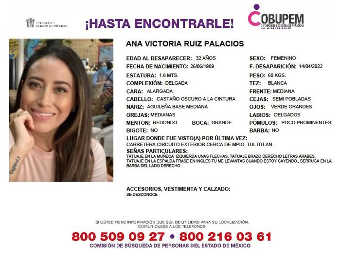 COBUPEM's tweet image. Solicitamos de tu apoyo en la difusión del siguiente boletín para dar pronta localización a Ana Victoria Ruíz Palacios, comunícate a los teléfonos de COBUPEM 800 216 0361, 800 509 0927. #TodosEnLaBúsqueda