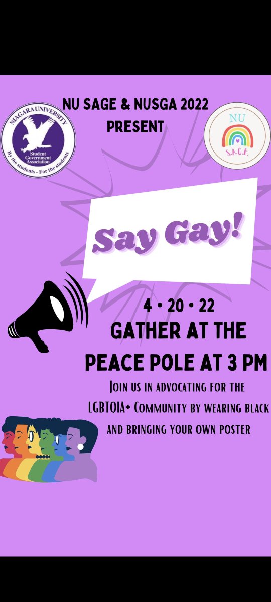 NiagaraBio's tweet image. Join us today, April 20th at 3pm at the Peace Pole in a call for action in response to the recent legislature in our country prohibiting discussions of gender and sexuality in classroom settings. 

Sponsored by NU SAGE (sexuality and gender equality) and the NUSGA 2022 delegation
