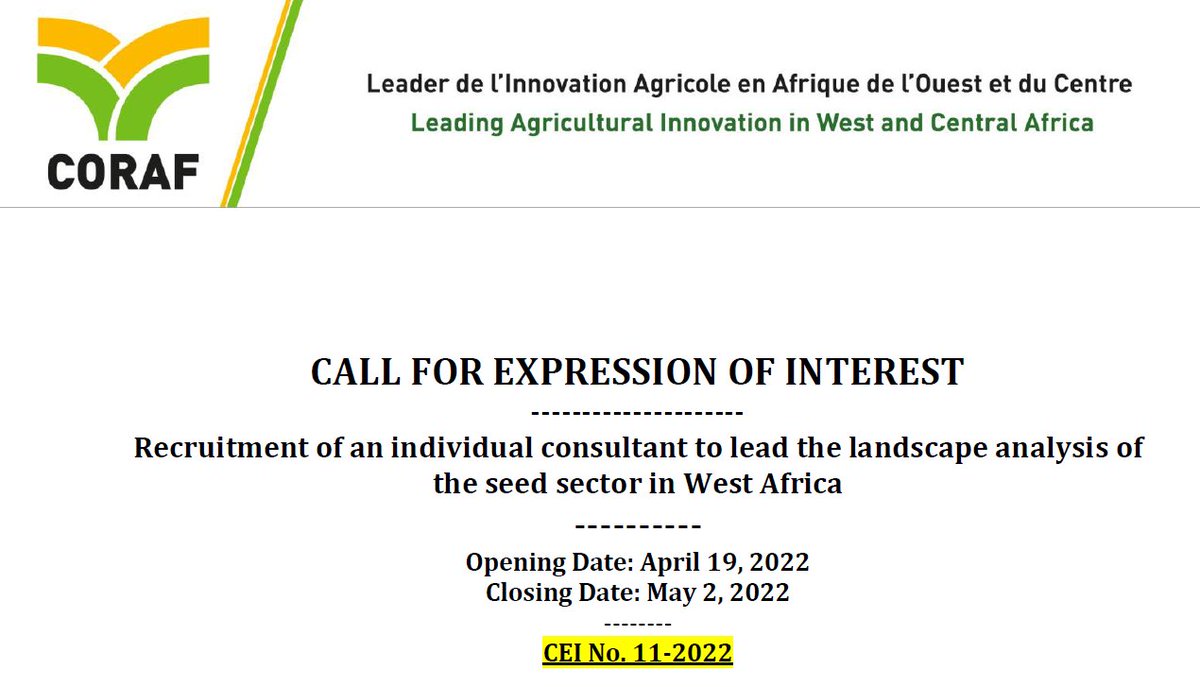 📍Recruitment of an individual consultant to lead the landscape analysis of the seed sector in West Africa
Read: bit.ly/3EKOmlP
#Innovation #Development #Agriculture
<a href="/CSIR_WRI/">CSIR-Water Research Institute</a> <a href="/IITA_CGIAR/">IITA</a> <a href="/afaasinfo/">African Forum For Agricultural Advisory Services.</a> <a href="/isra_ceraas/">ISRA/CERAAS</a> <a href="/ISRA_Senegal/">ISRA</a> @AllForSciences 
🗓 19 april to 2 may 2022