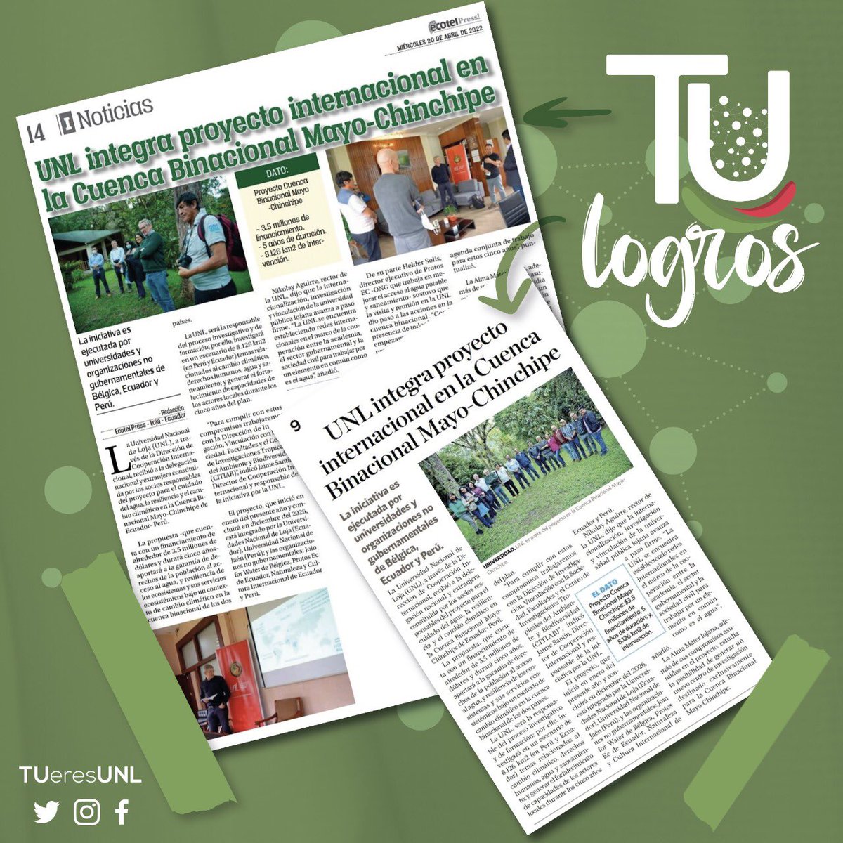 tueresunl's tweet photo. #TULogros ➡️ ¿Sabías que la UNL será responsable del proceso investigativo y de formación del proyecto internacional en la Cuenca Binacional Mayo-Chinchipe?
🇪🇨🇵🇪 Nuestra institución investigará en Perú y Ecuador temas relacionados al cambio climático, derechos humanos, agua y +. https://t.co/xO4q4mJpa9