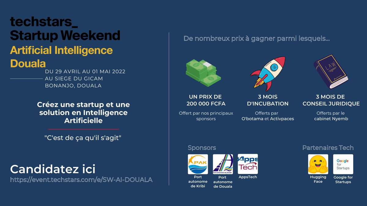 Nouvelle édition Startup Weekend sur l’intelligence artificielle au Cameroun. #SWAIDouala 

• C’est quoi un #StartupWeek ?
54h chrono pour créer votre startup à partir d’une idée avec à votre disposition des outils, des experts et des mentors/coachs.