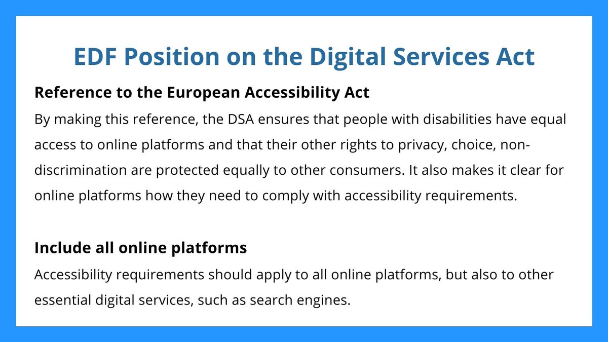 Policymakers are finalising negotiations on the  #DigitalServicesAct (#DSA). 

EDF calls on the @Europe2022FR to agree with the <a href="/EUparliament/">European Parliament</a>'s position on #accessibility for persons with disabilities and the protection of their digital rights. 
 
More: bit.ly/DSAEDF