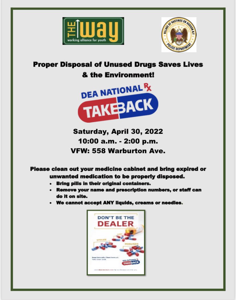 National Drug Take back day 4/30/22 at VFW <a href="/HOHNews10706/">Hastings News</a> <a href="/HOHGOV/">Hastings-on-Hudson</a> <a href="/Hastings10706/">Hastings-on-Hudson</a>