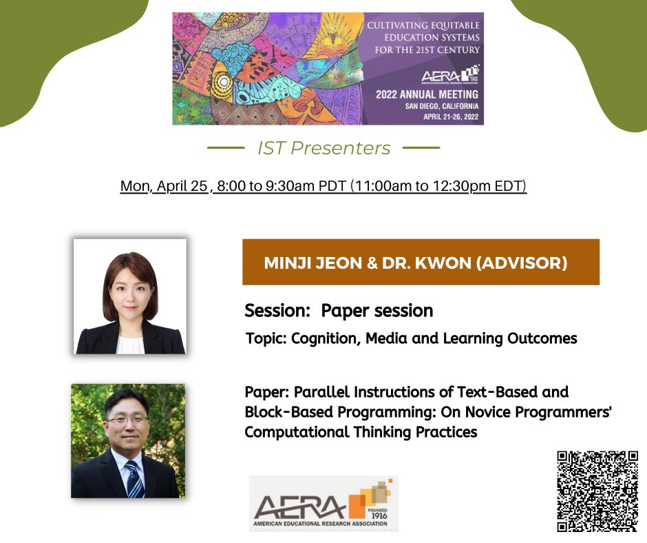 IU_IST's tweet photo. Check out our IST Ph.D. student Minji Jeon presenting her paper in the paper session in #AERA #2022_Annual_Meeting on April 25! Minji’s paper focuses on parallel instructions of text-based and block-based programming via CT practices of novice programmers. #ISTrocks! #ISTresearch https://t.co/S7Isfus63y