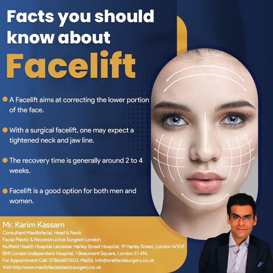 A face-lift (#rhytidectomy) is a cosmetic surgical procedure to create a younger appearance in your face.

#facelift #mrkarimkassam #plasticsurgery #london #leicester #Facts