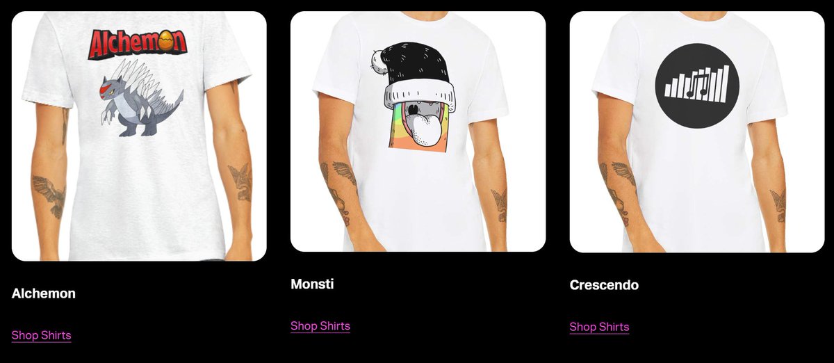 crescendo.algo (@crescendo_asa) on Twitter photo Shirts are live!
You can now buy <a href="/AlchemonNFT/">Alchemon</a>, Lil Slashers, <a href="/Monsti12345/">MONSTi</a>, and <a href="/AlgooGirls/">Algoo Girls 💚</a> shirts on the Crescendo Marketplace!
crescendocrypto.xyz/tshirts
<a href="/AlgoStarface/">Algo Starface</a> is buying custom Starface T-Shirts for anyone with 3+ Starface NFTs!
#Algo #AlgoNFT #AlgoNFTs #Algofam Shirts are live!
You can now buy <a href="/AlchemonNFT/">Alchemon</a>, Lil Slashers, <a href="/Monsti12345/">MONSTi</a>, and <a href="/AlgooGirls/">Algoo Girls 💚</a> shirts on the Crescendo Marketplace!
crescendocrypto.xyz/tshirts
<a href="/AlgoStarface/">Algo Starface</a> is buying custom Starface T-Shirts for anyone with 3+ Starface NFTs!
#Algo #AlgoNFT #AlgoNFTs #Algofam