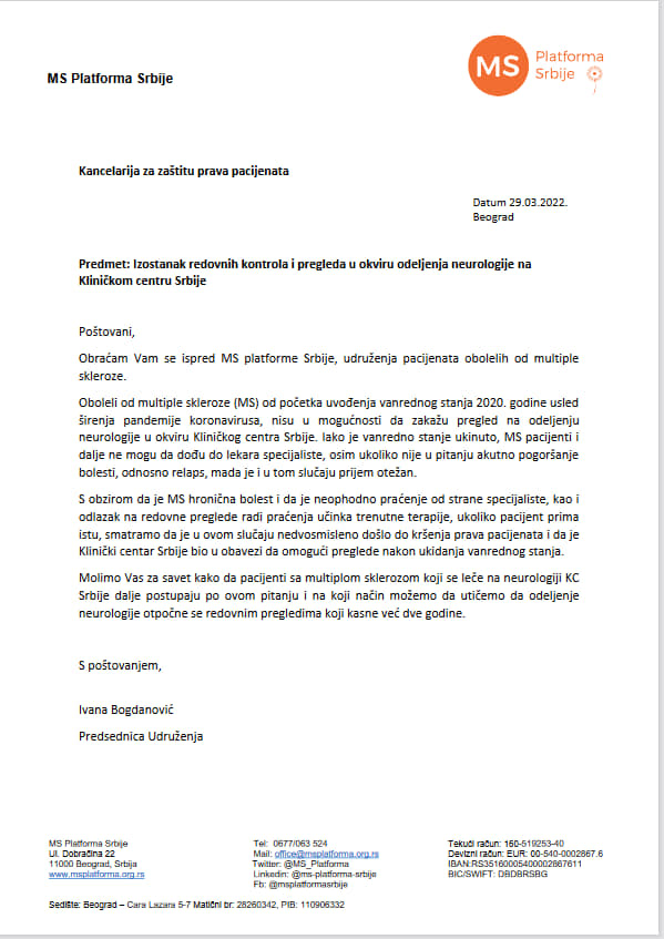MS_Platforma's tweet image. Imajući u vidu nemogućnost zakazivanja pregleda na odeljenju neurologije pri KCS, MS platforma je kontaktirala Kancelariju za zaštitu prava pacijenata koja je brzo delovala i prosledila naš dopis Klinici za neurologiju.