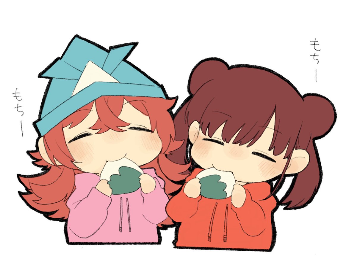 komiya kaho ,sonoda chiyoko 2girls multiple girls food eating closed eyes double bun hood  illustration images