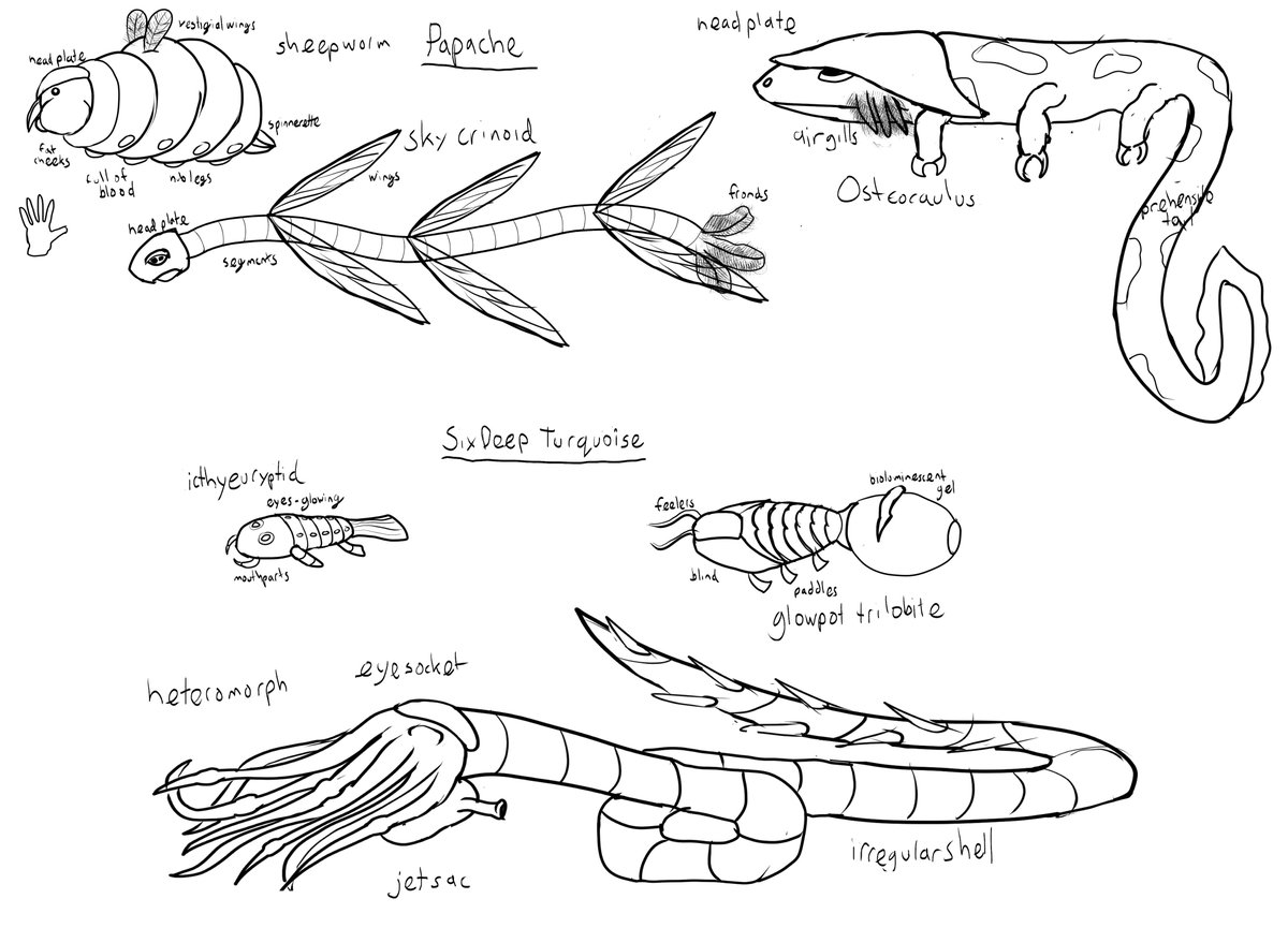 Alien wildlife: Sheepworms, sky crinoids, and osteocaulus are the (human) names for creatures native to the Carinan homeworld of Papache.
Icthyeuryptids, glowpot trilobites, and heteromorphs are native to the seas of Six Deep Turquiose, the Velan homeworld.