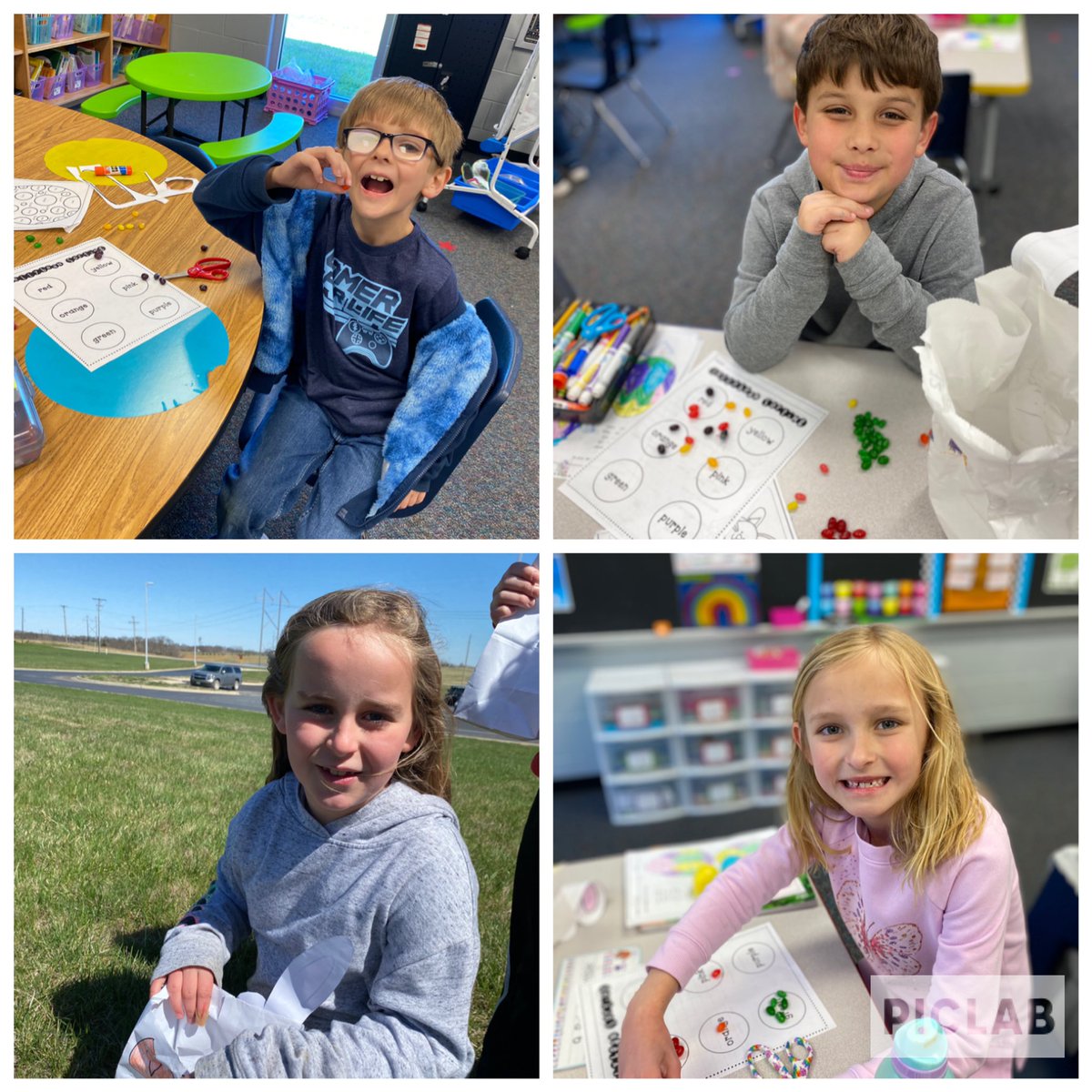 EmilyList7's tweet photo. Last week, first grade had an Educational Egg Hunt! First grade had to find eggs with math facts and sight words on them! Later, we graphed our jelly beans! @USD449 https://t.co/o3KM6SUm9N