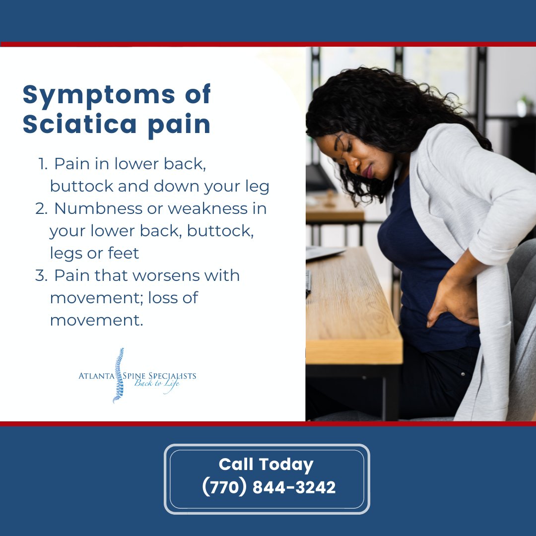 ATLSpine's tweet photo. Are you experiencing symptoms similar to Sciatica pain? Are home remedies like icing and stretching falling short to decrease your chronic pain? Call Atlanta Spine Specialists today to get your pain diagnosed and back to symptom free living! https://t.co/fWPi9UVfTm