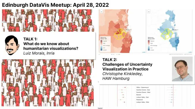 👉 What do we know about Humanitarian Visualization? by @luizaugustomm + Challenges of Uncertainty Visualization by @geovisual. #edinburgh #dataviz #meetups April 28, 5pm meetup.com/meetup-group-v… @DesignInf @CreativeEdin @CreateInf @InfAtEd