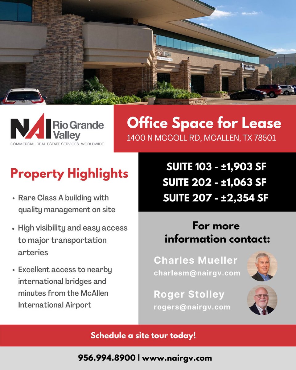 nairgv's tweet photo. OFFICE SUITES AVAILABLE FOR LEASE | Commerce Center West is a Class A office building located in the Rio Grande Valley. The office building has a well-lit parking lot, digital security systems, and a unique architectural design. https://t.co/7OnlYSqfuF
