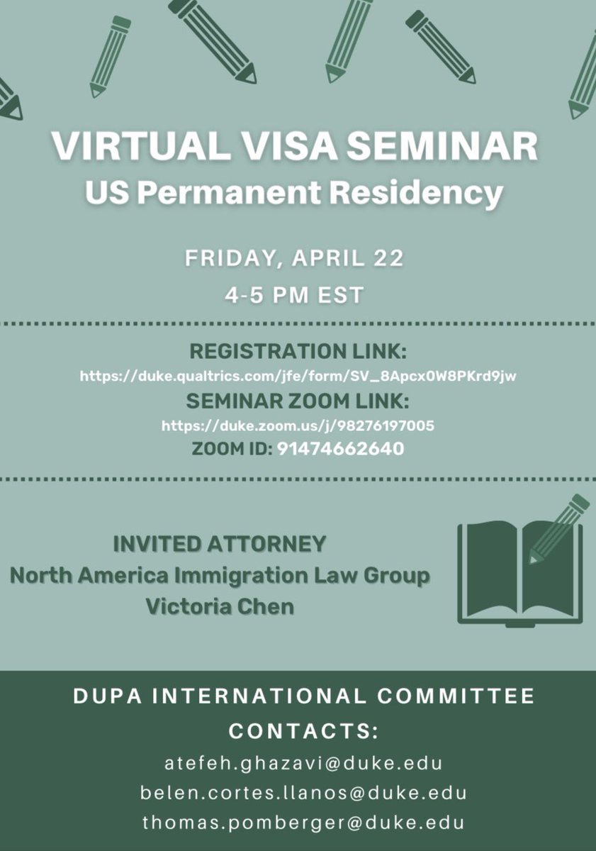 Duke University Postdoc Association (@dukepostdocs) on Twitter photo DUPA International committee is organizing a virtual information session with an attorney for postdocs interested in applying for US permanent residency.
Register here: duke.qualtrics.com/jfe/form/SV_8A…
Zoom ID: 91474662640
Friday, April 22nd, 4-5 PM (EST)
@aty64497399 <a href="/BelenCorLla/">Belén Cortés-Llanos</a> DUPA International committee is organizing a virtual information session with an attorney for postdocs interested in applying for US permanent residency.
Register here: duke.qualtrics.com/jfe/form/SV_8A…
Zoom ID: 91474662640
Friday, April 22nd, 4-5 PM (EST)
@aty64497399 <a href="/BelenCorLla/">Belén Cortés-Llanos</a>