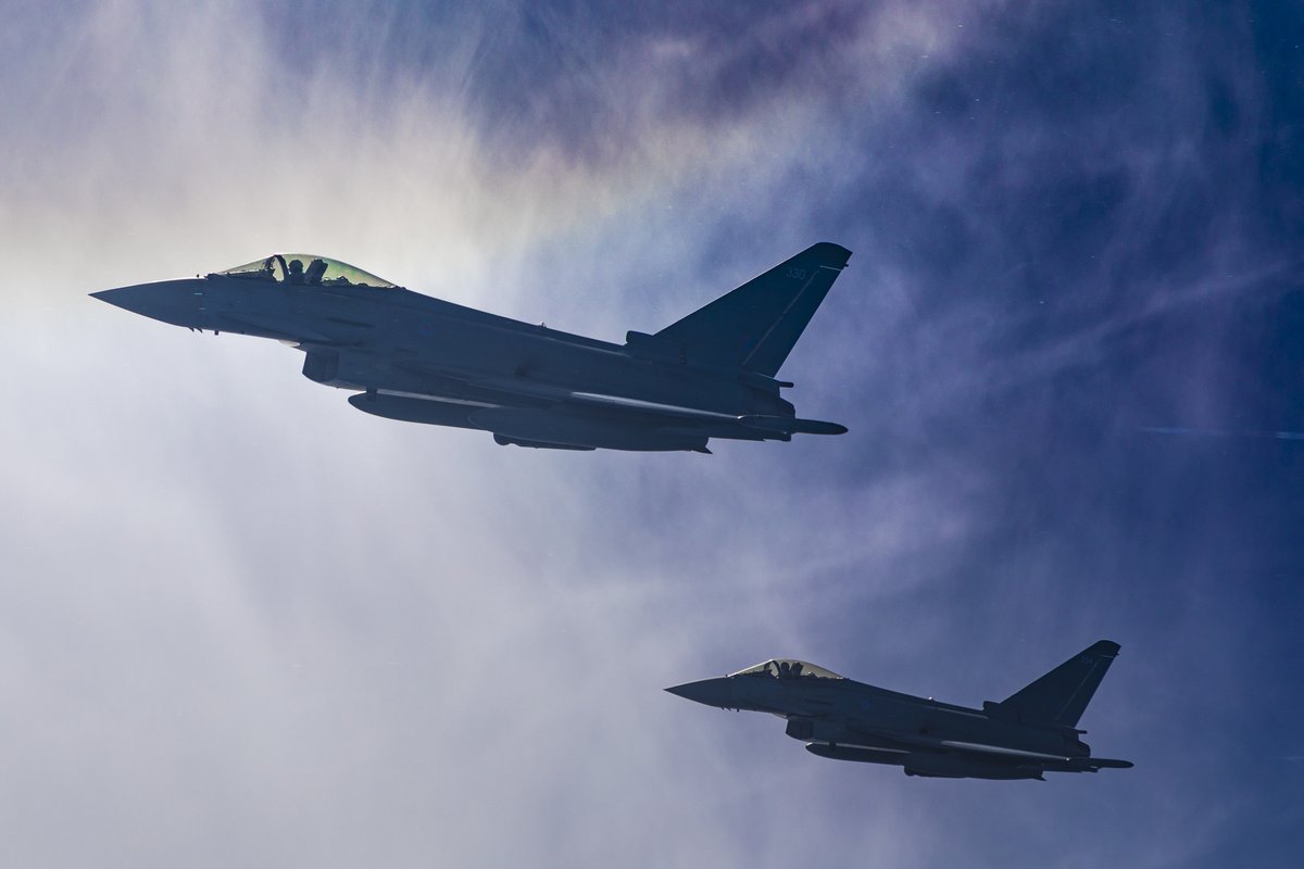RAFPhotog's tweet photo. .@RoyalAirForce photogs spent the day yesterday flying in a Voyager as they documented F-35Bs from @OC207Sqn, @RAF_Marham joining 1(F) Sqn Typhoons from @RAFLossiemouth conducting a Fighter Integration exercise, flying against @IXBSqn &amp; Draken aircraft over the North Sea https://t.co/cGiOBpOBxa