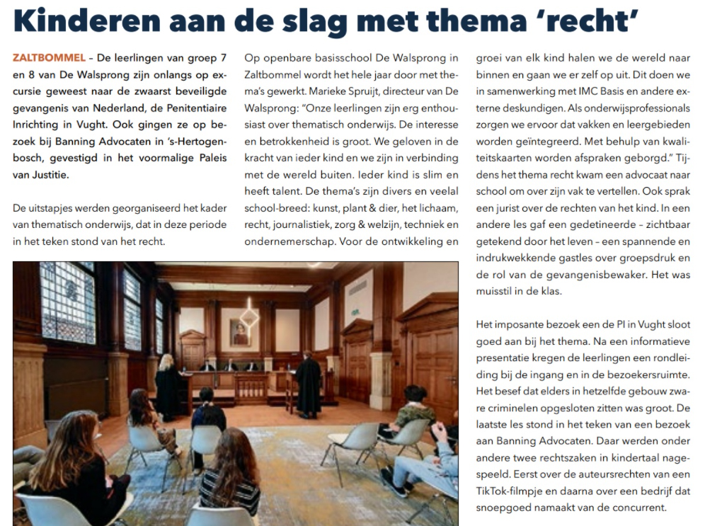 Op onze school wordt het hele jaar door met thema’s gewerkt, waardoor leerlingen met meer zelfvertrouwen en zelfkennis hun toekomst tegemoet gaan. Onlangs is het thema ‘recht’ behandeld in groep 7 en 8. Zie <a href="/BWDgids/">Bommelerwaardgids</a> van deze week of: walsprong.nl/2022/04/leerli…
