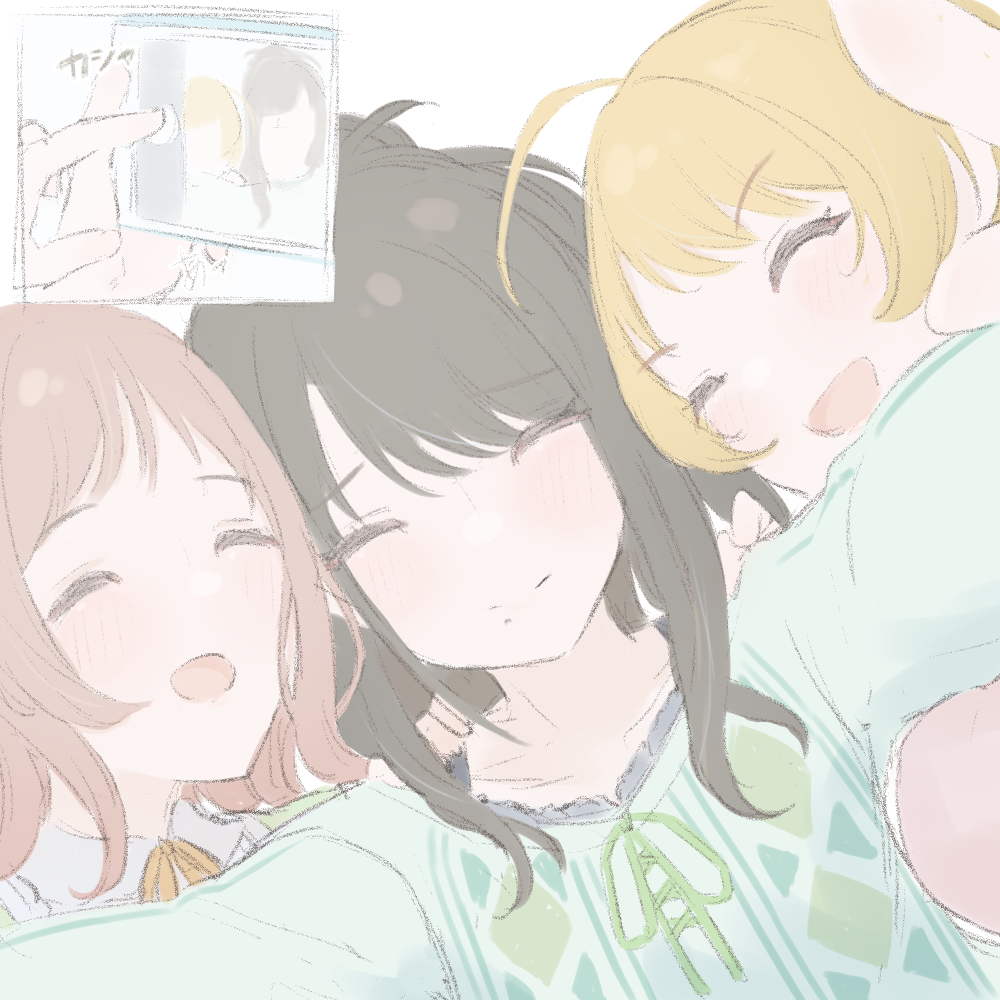 kazano hiori ,sakuragi mano multiple girls 3girls closed eyes smile black hair mole under mouth blonde hair  illustration images