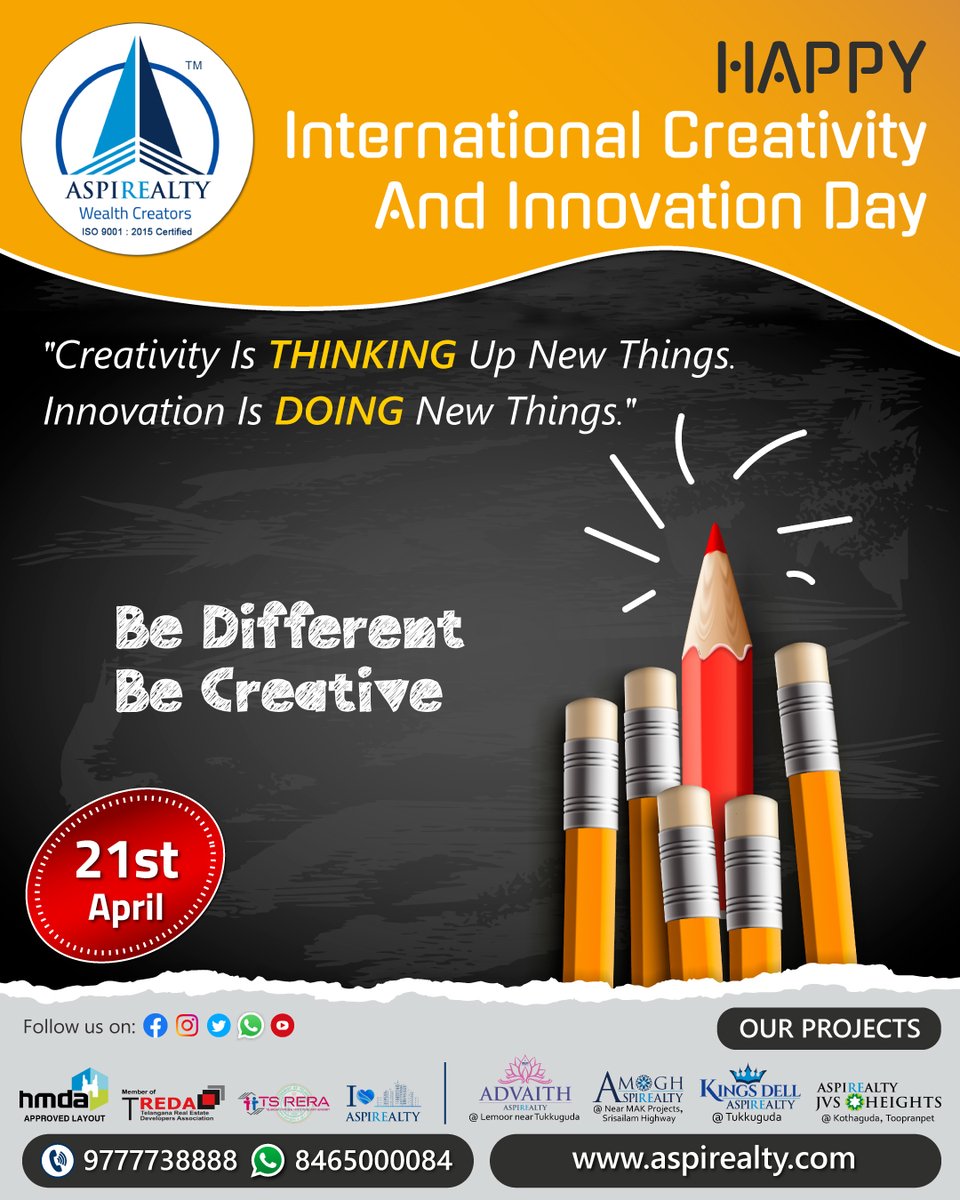 aspirealty's tweet photo. Creativity Is Thinking Up New Things. Innovation Is Doing New Things.
Call: 9777738888, WA: 8465000084
https://t.co/uyxQCqvdFf, info@aspirealty.com
#Aspirealty #WealthCreators #HMDA #Advaith #Amogh #KingsDell #JvsHeights #Kingsmarque #RERA #WorldCreativityAndInnovationDay #WCID https://t.co/IHVOdv7y5j