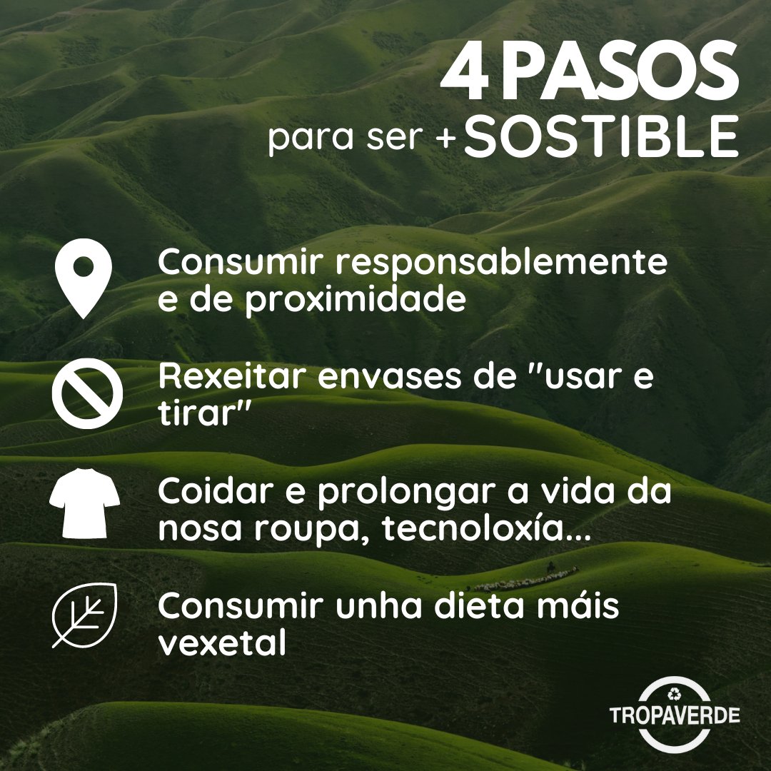 TropaverdeC's tweet photo. 🛒Mudar os nosos hábitos de consumo non sempre é fácil.

Hoxe simplificámoscho un pouco para que comeces a túa propia transformación verde 🌏 pola parte que prefiras.

#Cambados https://t.co/I2XclXJZtu