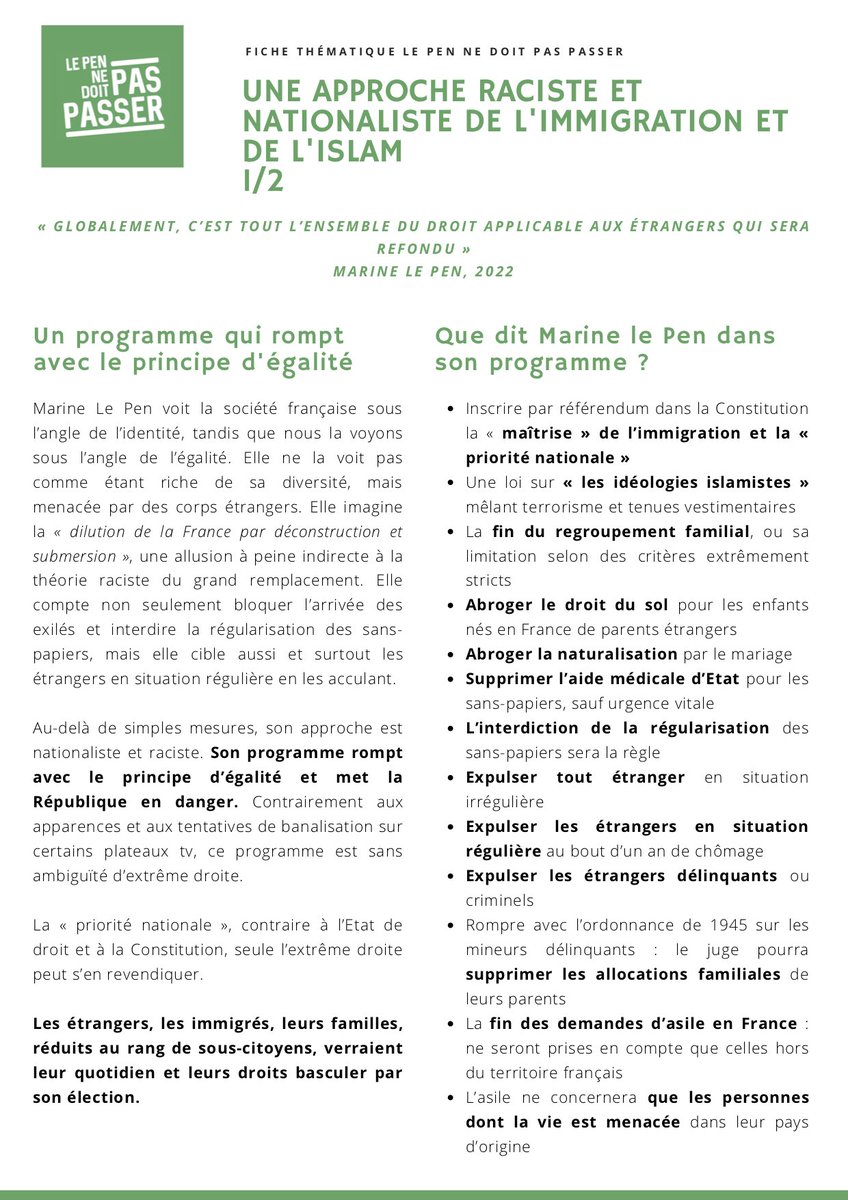 Generations_Imm's tweet photo. Le programme de Marine Le Pen rompt avec le principe d’égalité et l’Etat de droit. Il n’a qu’une obsession : "que l’installation des étrangers sur le territoire national" ne puisse pas "modifier la composition et l’identité du peuple français". #LePenNeDoitPasPasser #StopLePen https://t.co/3BECdEDkME