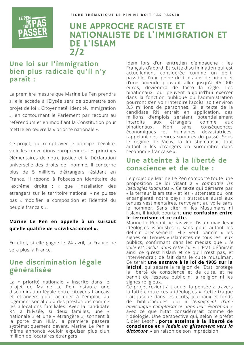 Le programme de Marine Le Pen rompt avec le principe d’égalité et l’Etat de droit. Il n’a qu’une obsession : "que l’installation des étrangers sur le territoire national" ne puisse pas "modifier la composition et l’identité du peuple français". #LePenNeDoitPasPasser #StopLePen