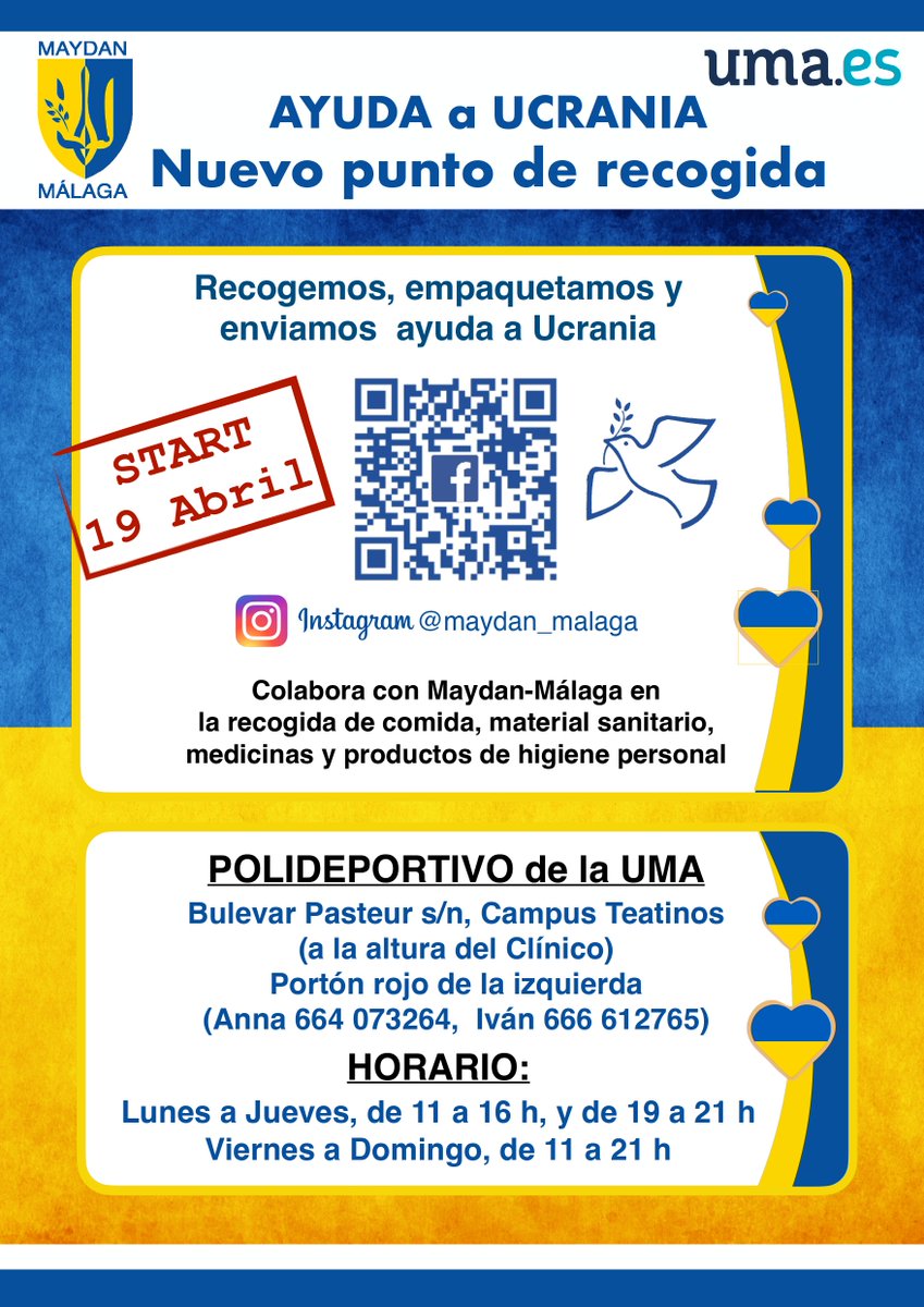 Nuevo punto de recogida de material de ayuda humanitaria para Ucrania. En el Complejo Deportivo Universitario de la UMA, de lunes a jueves, de 11.00 a 16.00 y de 19.00 a 21.00 horas. De viernes a domingo, de 11.00 a 21.00 horas. +info: u.uma.es/crk/
<a href="/deportesUMA/">deportes UMA</a>