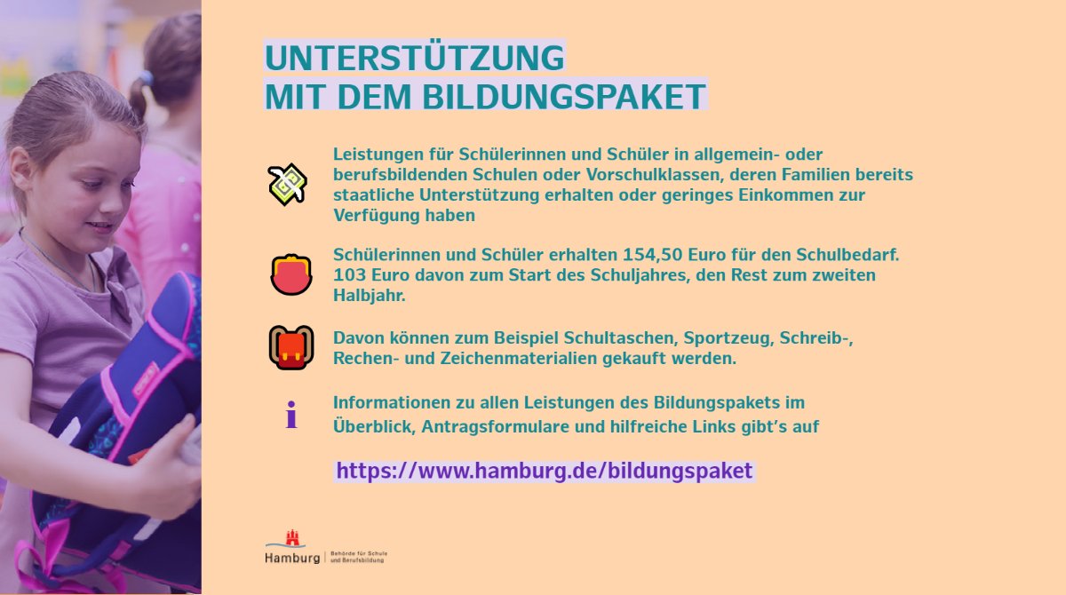 Auch im laufenden Schuljahr können Familien mit geringem Einkommen finanzielle Unterstützung für den Schulbedarf aus dem Hamburger Bildungs- und Teilhabepaket erhalten. Alle Informationen zu den Leistungen im Überblick, Antragsverfahren &amp; hilfreiche Links: hamburg.de/bildungspaket-…