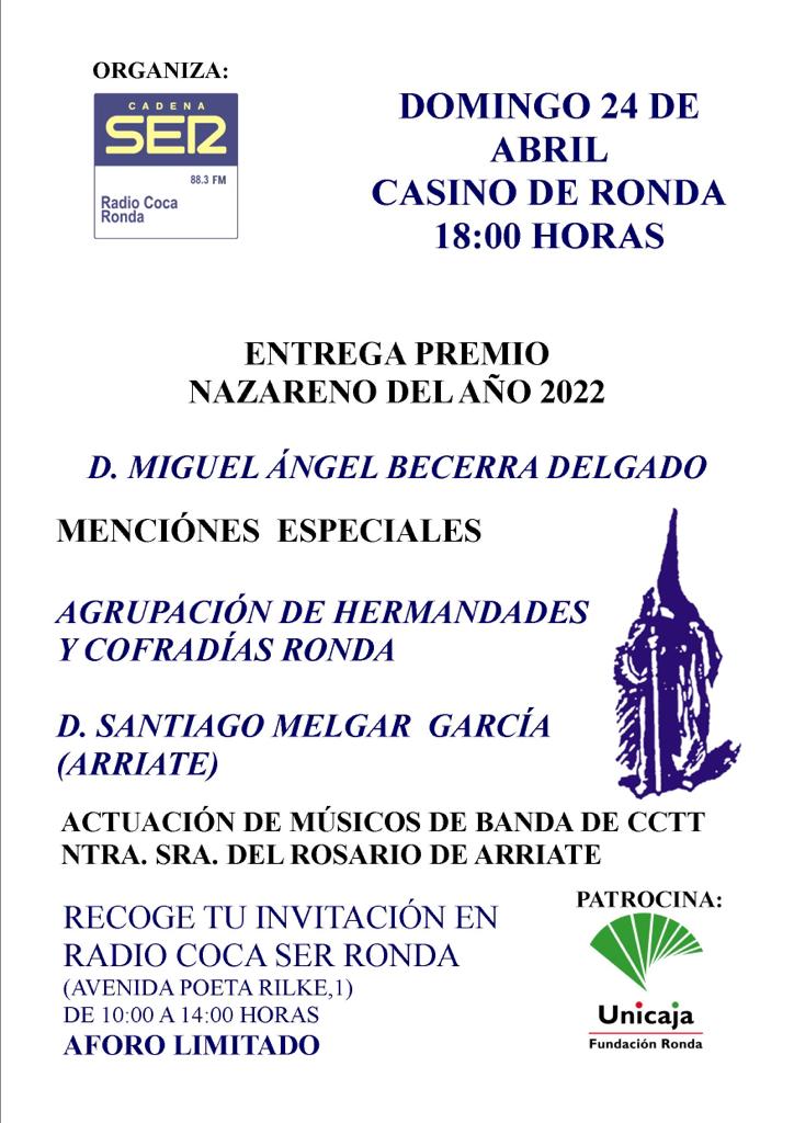 SER_Ronda's tweet photo. Recoge tu invitación en Radio Coca SER Ronda. Premio Nazareno del Año 2022, patrocinado por @FundUnicaja. https://t.co/JcSO4KGPSY