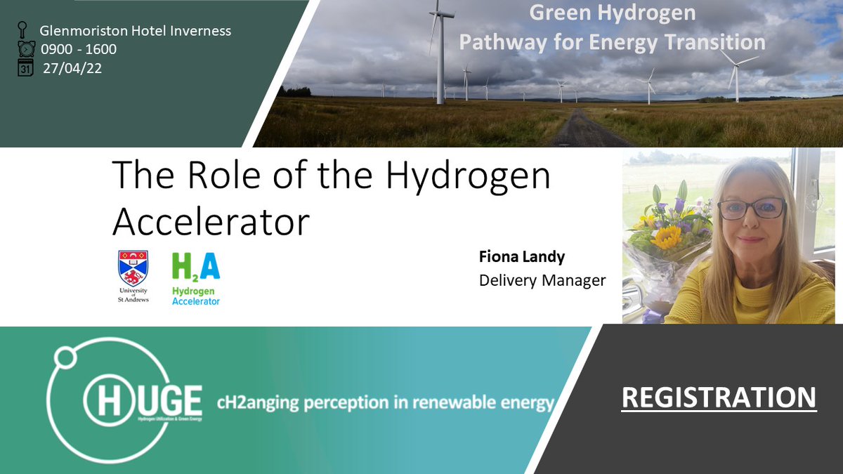 HUGE_Project_EU's tweet photo. 📢Eager to learn about #Scotland #GreenHydrogen future through #collaboration of government businesses &amp; researchers? Come to our conference &amp; learn more from Fiona Landy about @H2_Accelerator funded by @transcotland🤝b/w @univofstandrews &amp; @UniStrathclyde https://t.co/geiu1lAkjD https://t.co/9avbPwo1Ri