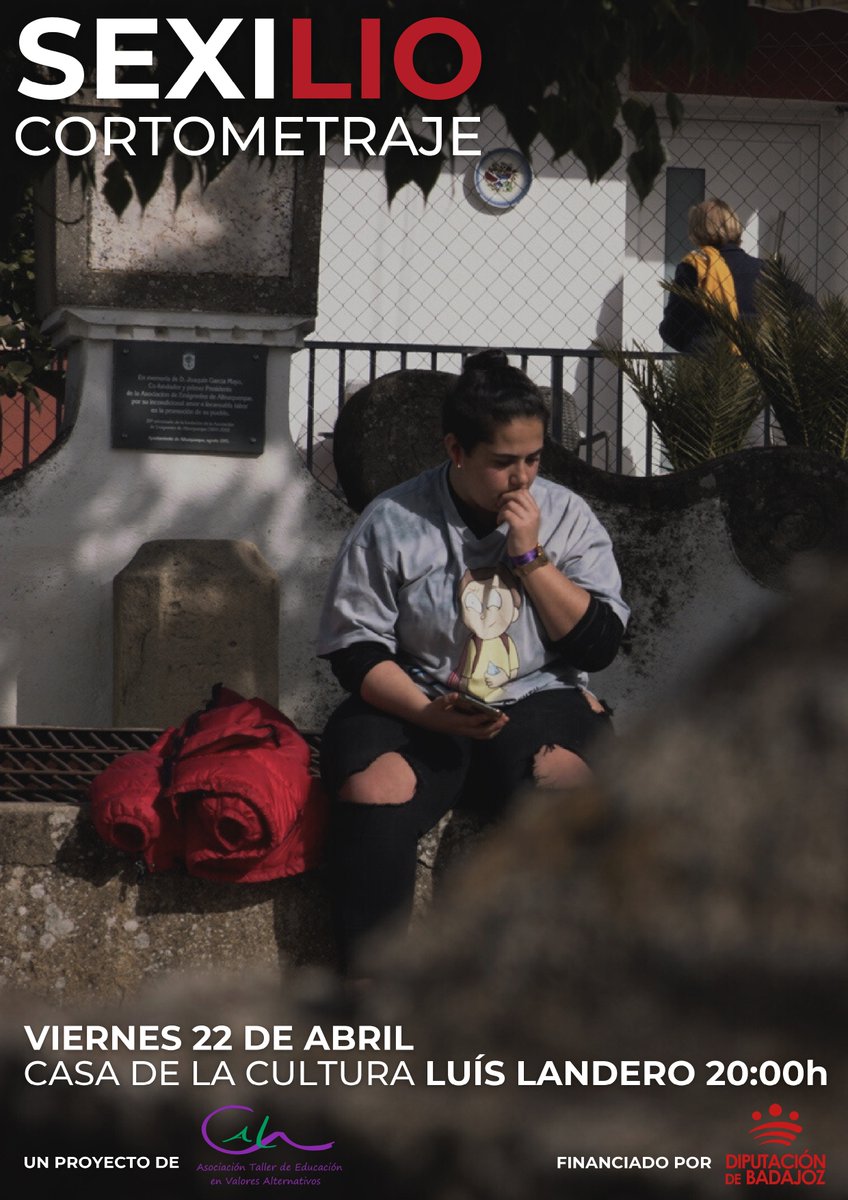 Te invitamos este VIERNES 22 de ABRIL a las 20.00 en Casa de la Cultura de Alburquerque al estreno MUNDIAL 🌍 del CORTOMETRAJE 🎬 "SEXILIO" 🌈  . Un trabajo creado y rodado por jóvenes de ALBURQUERQUE. Un proyecto del Colectivo Cala y la financiación de <a href="/DipdeBadajoz/">Diputación de Badajoz</a> 
🎥