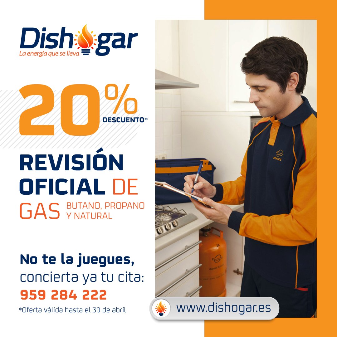 dishogar's tweet photo. 🟠 Recuerda que la revisión de tu instalación de gas es obligatoria cada cinco años.

✅ Ahora te lo ponemos más fácil con un 20% DE DESCUENTO hasta el 30 de abril. 

✅ No te la juegues y ponte en manos de nuestros técnicos.

👉 Cita: 959 284 222 / https://t.co/POJuNl170t. https://t.co/IZ1uUb8DaN