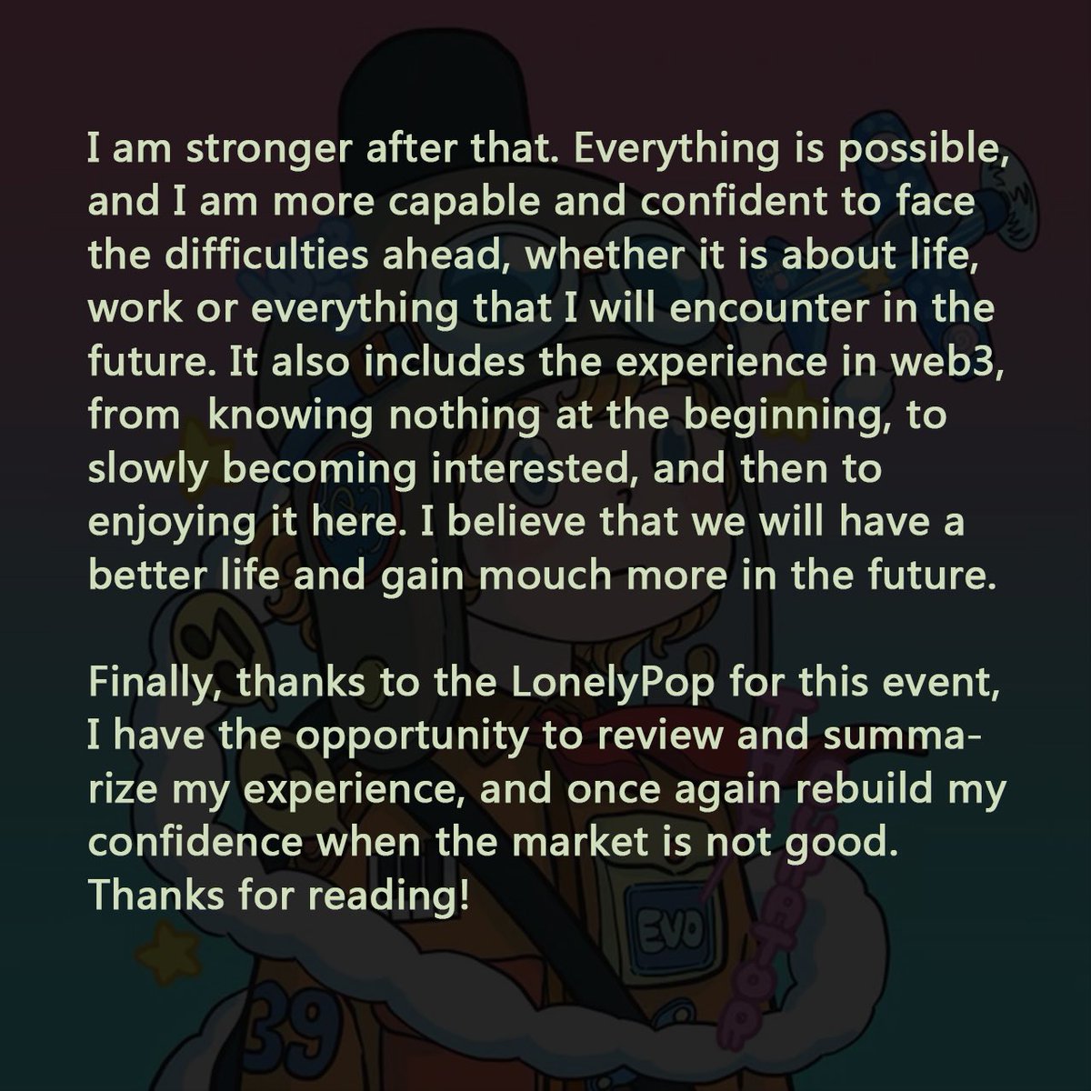 WangzaiDad's tweet photo. #LonelyPopMHAE @LonelyPopNFT  
People suffer from lonely and other difficulties in life, but what didn’t kill us making us stronger! Here is my mental health story. Thanks for LonelyPop, lets go! https://t.co/FXpPoOx0r9