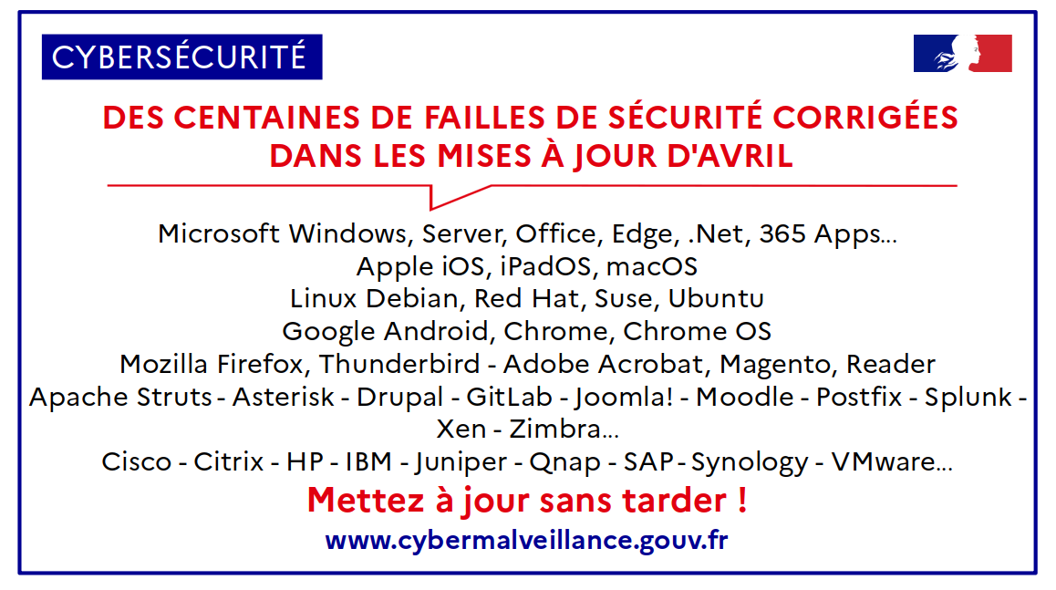 cybervictimes's tweet image. [🛡️#Cybersécurité] Des centaines de #failles de #sécurité corrigées dans les mises à jour d'avril

⚠️Certaines de ces failles sont très critiques et utilisées par des criminels

➡️ Mettez à jour PC, #téléphones, serveurs... sans tarder !

+infos @CERT_FR : cert.ssi.gouv.fr/avis/