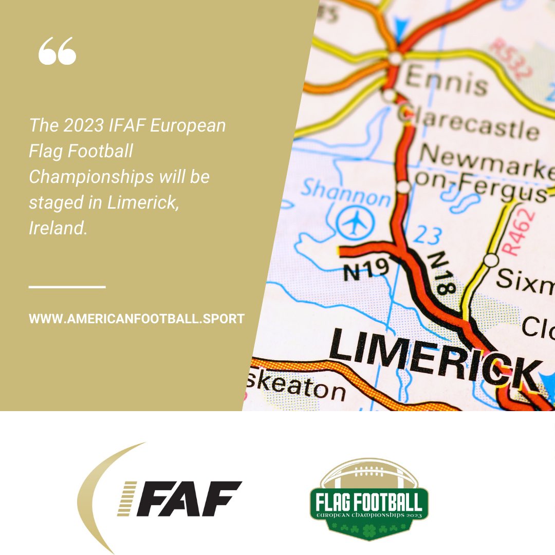 The 2023 IFAF European Flag Football Championships will be staged at the stunning facilities of <a href="/UL/">University Of Limerick</a> in <a href="/Limerick_ie/">Limerick.ie</a> 
This will be spectacular!
#leadingfootballworldwide #flagfootball #Ireland