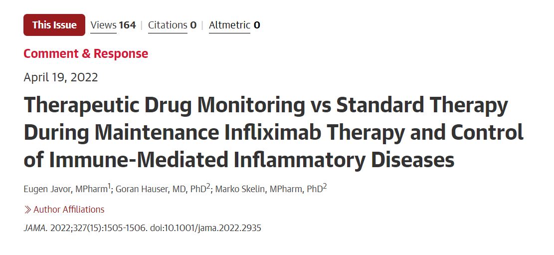 MarkoSkelin's tweet photo. Can therapeutic drug monitoring be used as a great tool for clinicians to tailor infliximab therapy in patients with inflammatory bowel disease ?  
Our comment just published in @JAMA_current.
#JAMA #IBD #Infliximab #TDM

https://t.co/2VLz9Qrse2 https://t.co/sxpkawkIe7