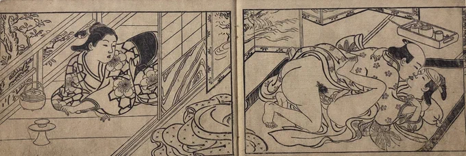口を吸い、抱き合う舞台子と客の男色の現場を覗き見する女性。
集中して見すぎて口が半開きですよ。 