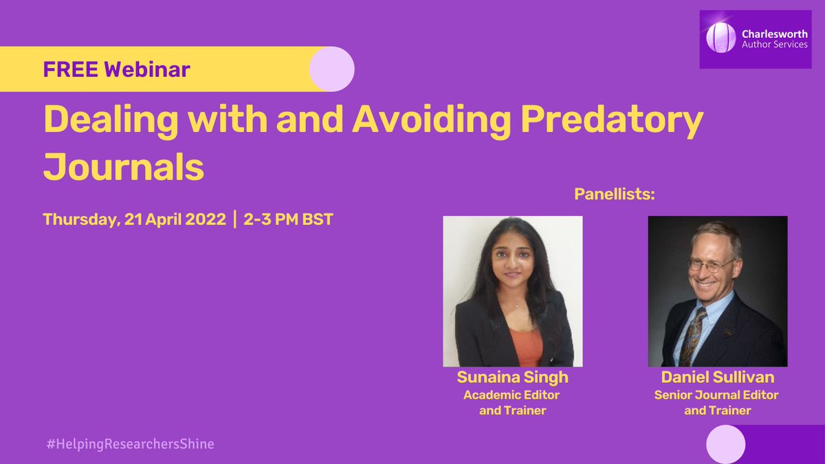 CWGAuthors's tweet photo. One day to go! Sign up now!
Here. 👉 https://t.co/LTfMgxETtG
#HelpingResearchersShine🌟 #ResearcherEducation #PublicationEthics #PredatoryJournals #PredatoryPublishing #OpenAccess #JournalSelection #ECRchat #AcademicTwitter @sue9a https://t.co/XnYEq24VE6