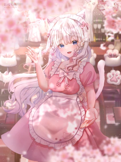 #コンカフェ桜イラコン #聖地でバイト 
#絵描きさんと繫がりたい 
『🌸桜色カフェと白猫🐾』 
